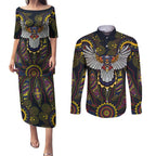 Custom Adelaide Football Couples Matching Puletasi and Long Sleeve Button Shirt With Crow Aboriginal Art Style