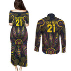 Custom Adelaide Football Couples Matching Puletasi and Long Sleeve Button Shirt With Crow Aboriginal Art Style