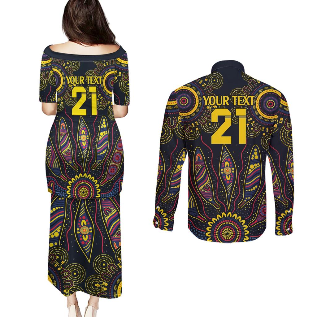 Custom Adelaide Football Couples Matching Puletasi and Long Sleeve Button Shirt With Crow Aboriginal Art Style