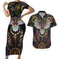 Custom Adelaide Football Couples Matching Short Sleeve Bodycon Dress and Hawaiian Shirt With Crow Aboriginal Art Style