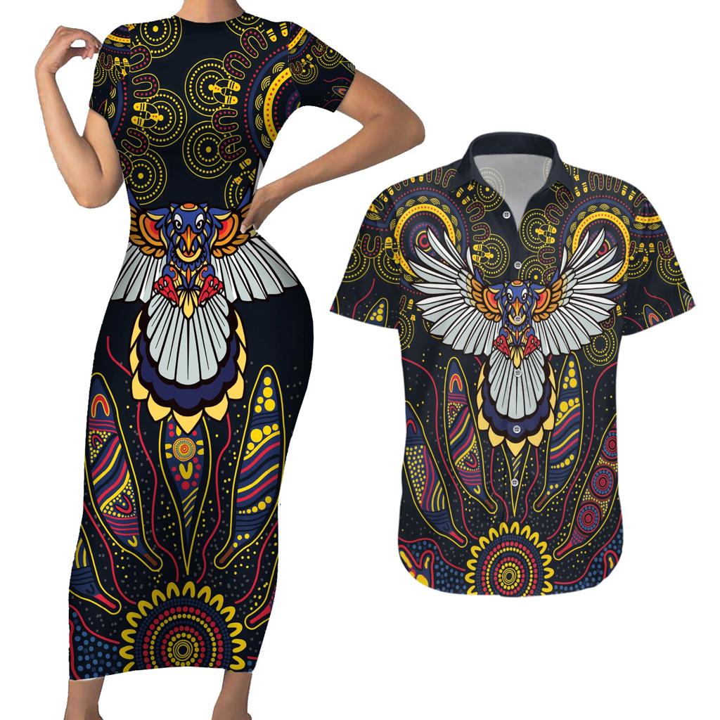 Custom Adelaide Football Couples Matching Short Sleeve Bodycon Dress and Hawaiian Shirt With Crow Aboriginal Art Style