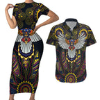 Custom Adelaide Football Couples Matching Short Sleeve Bodycon Dress and Hawaiian Shirt With Crow Aboriginal Art Style