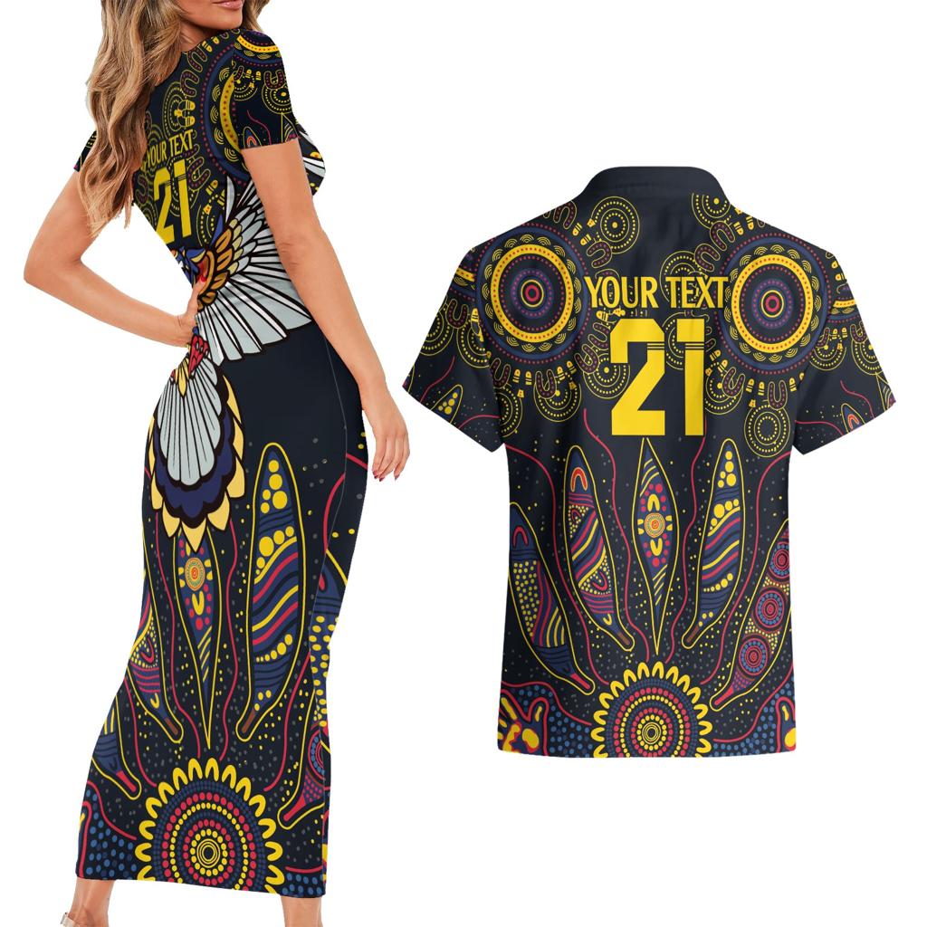 Custom Adelaide Football Couples Matching Short Sleeve Bodycon Dress and Hawaiian Shirt With Crow Aboriginal Art Style