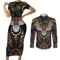 Custom Adelaide Football Couples Matching Short Sleeve Bodycon Dress and Long Sleeve Button Shirt With Crow Aboriginal Art Style