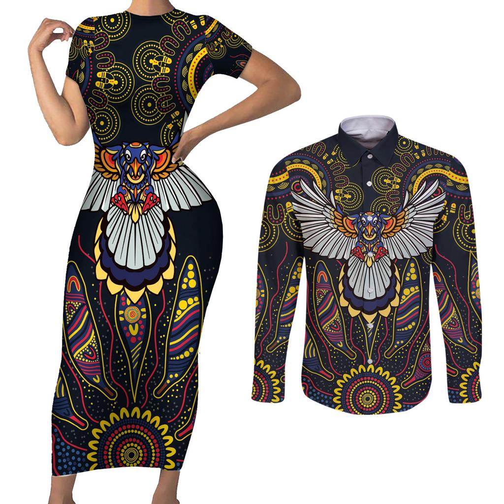Custom Adelaide Football Couples Matching Short Sleeve Bodycon Dress and Long Sleeve Button Shirt With Crow Aboriginal Art Style