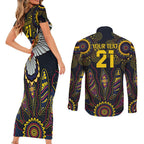 Custom Adelaide Football Couples Matching Short Sleeve Bodycon Dress and Long Sleeve Button Shirt With Crow Aboriginal Art Style