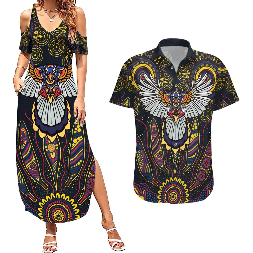 Custom Adelaide Football Couples Matching Summer Maxi Dress and Hawaiian Shirt With Crow Aboriginal Art Style