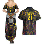 Custom Adelaide Football Couples Matching Summer Maxi Dress and Hawaiian Shirt With Crow Aboriginal Art Style