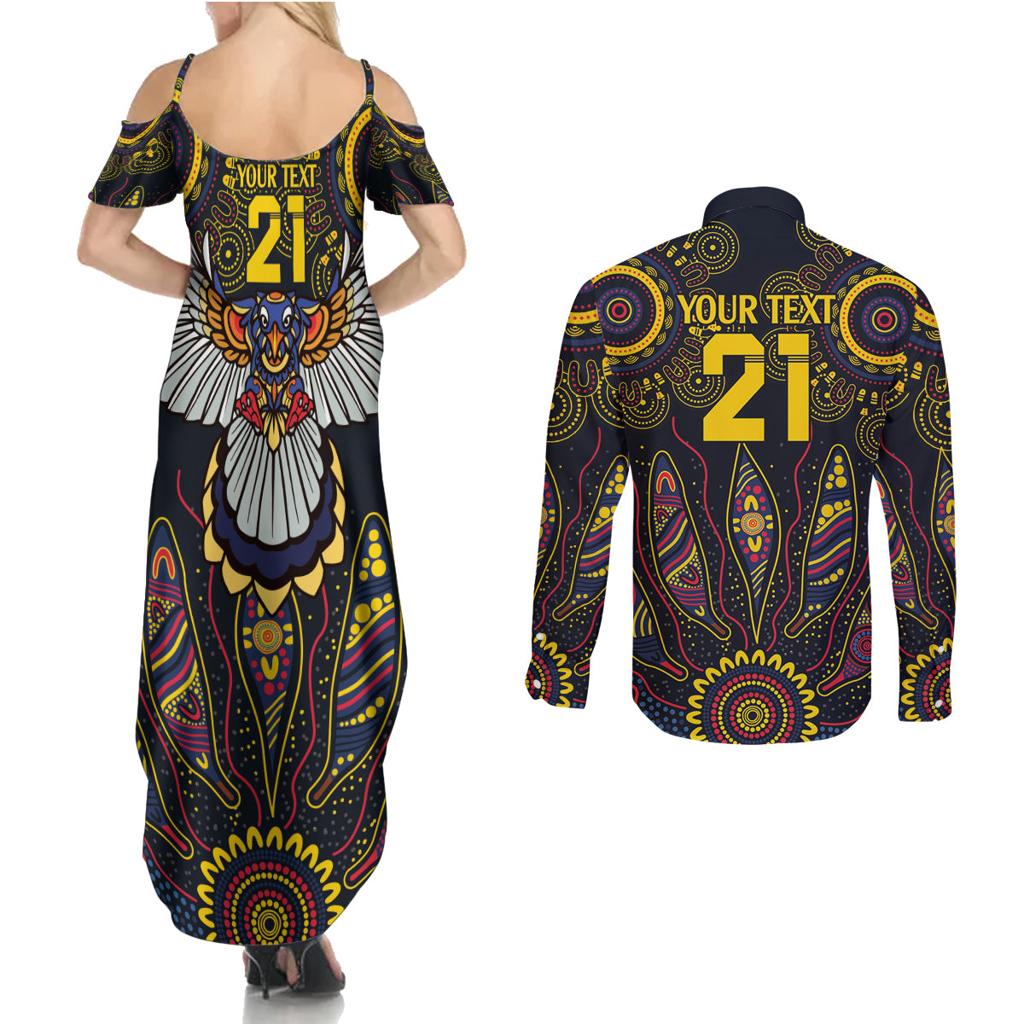 Custom Adelaide Football Couples Matching Summer Maxi Dress and Long Sleeve Button Shirt With Crow Aboriginal Art Style