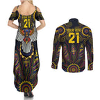 Custom Adelaide Football Couples Matching Summer Maxi Dress and Long Sleeve Button Shirt With Crow Aboriginal Art Style