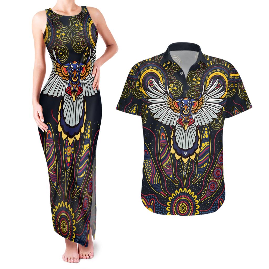 Custom Adelaide Football Couples Matching Tank Maxi Dress and Hawaiian Shirt With Crow Aboriginal Art Style