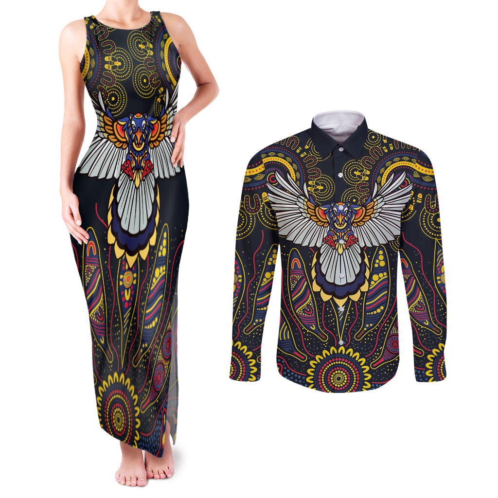 Custom Adelaide Football Couples Matching Tank Maxi Dress and Long Sleeve Button Shirt With Crow Aboriginal Art Style