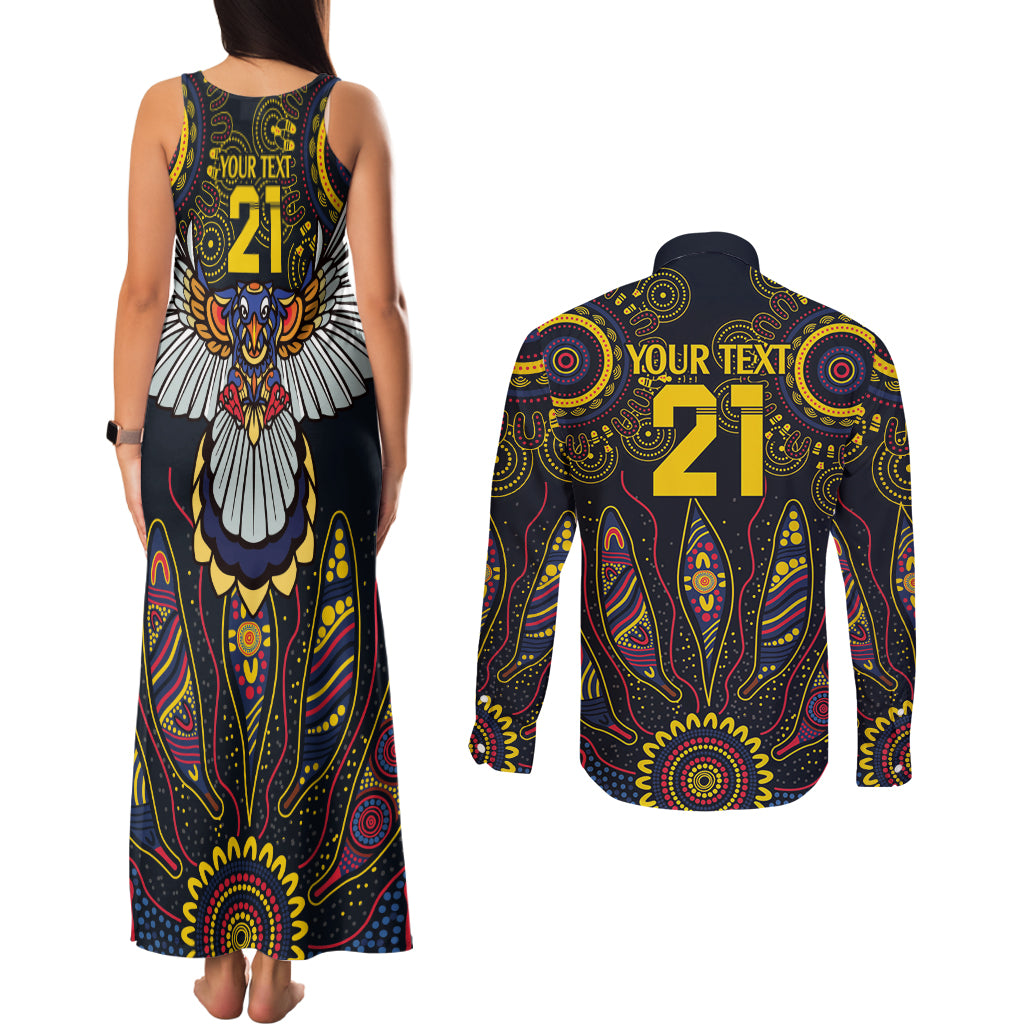 Custom Adelaide Football Couples Matching Tank Maxi Dress and Long Sleeve Button Shirt With Crow Aboriginal Art Style