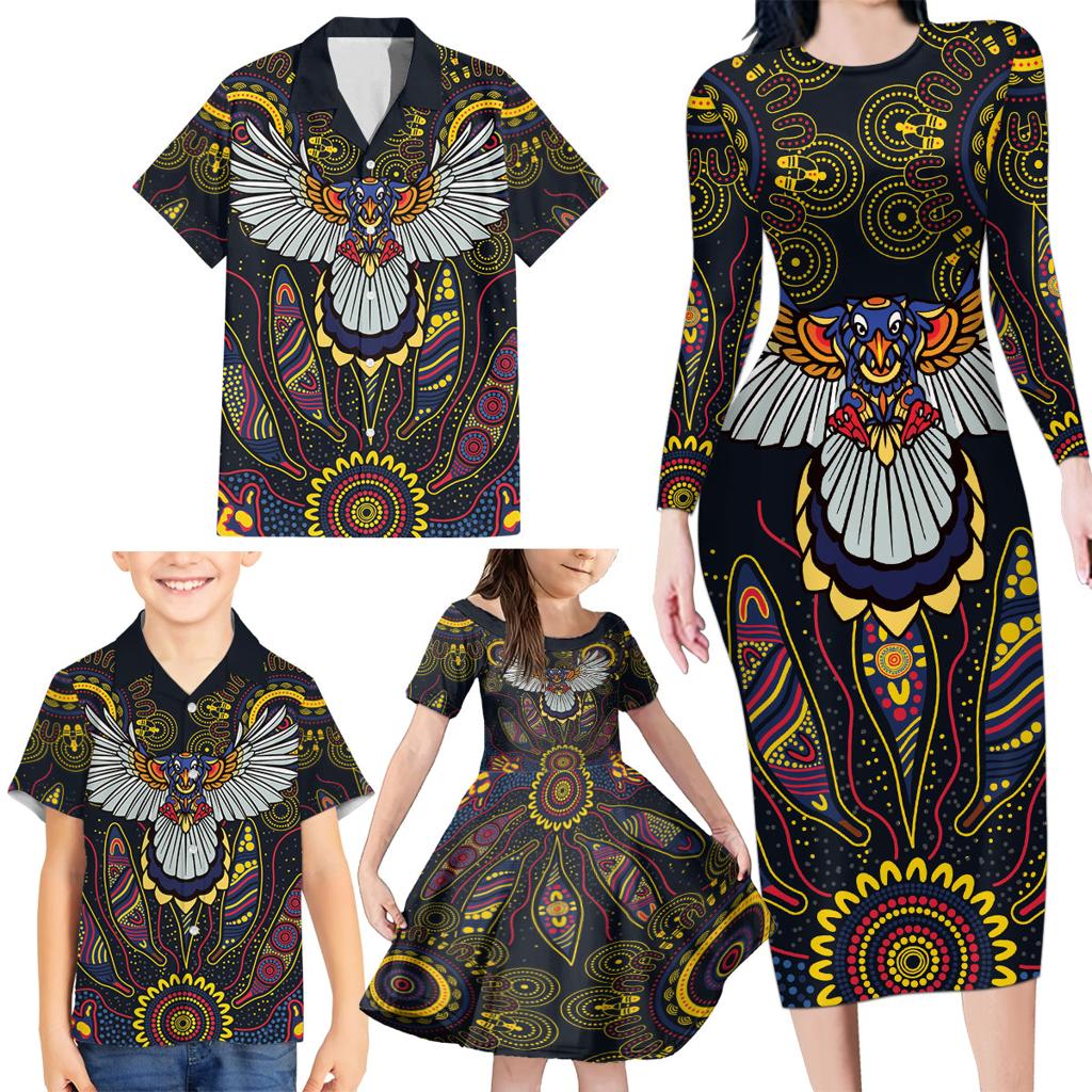 Custom Adelaide Football Family Matching Long Sleeve Bodycon Dress and Hawaiian Shirt With Crow Aboriginal Art Style