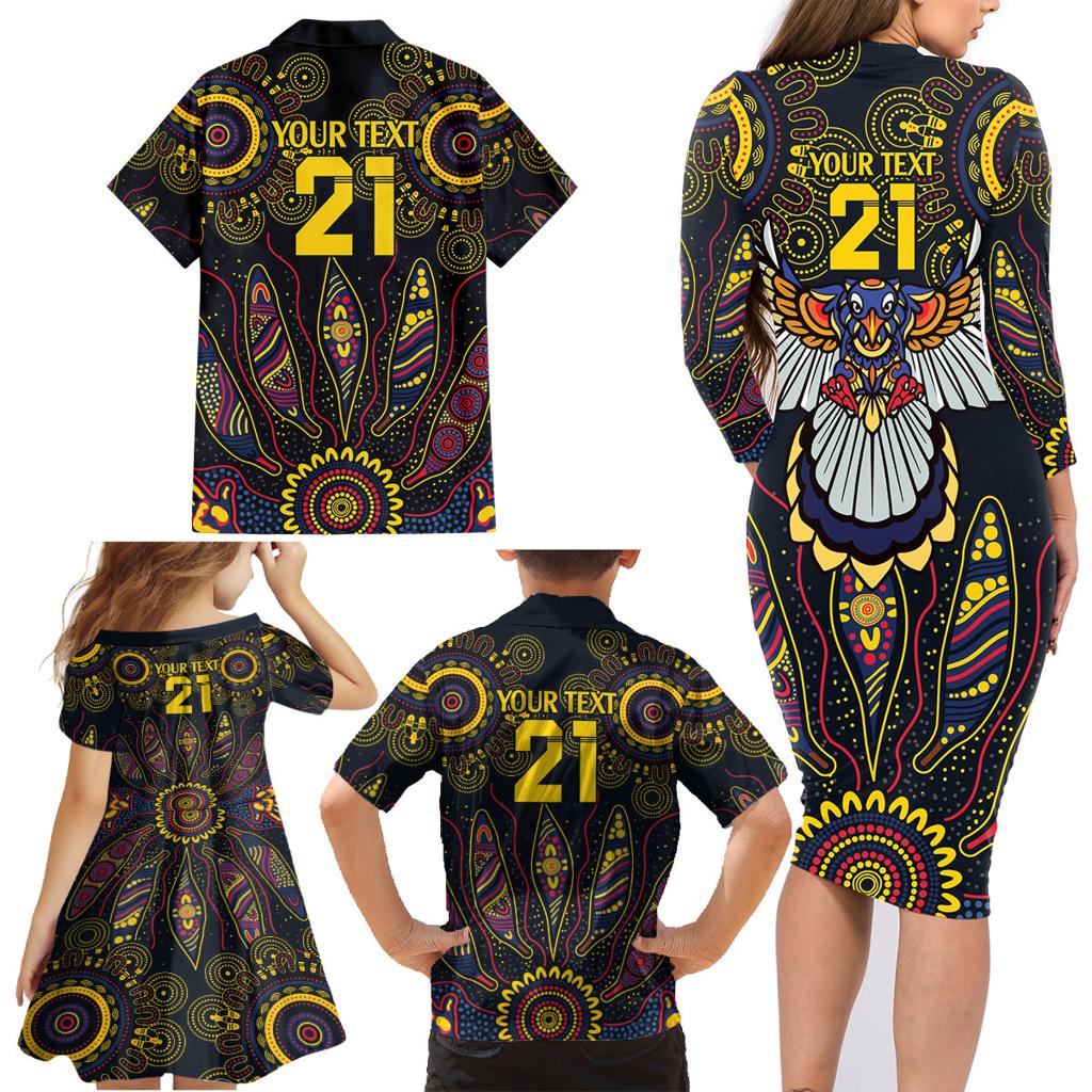 Custom Adelaide Football Family Matching Long Sleeve Bodycon Dress and Hawaiian Shirt With Crow Aboriginal Art Style