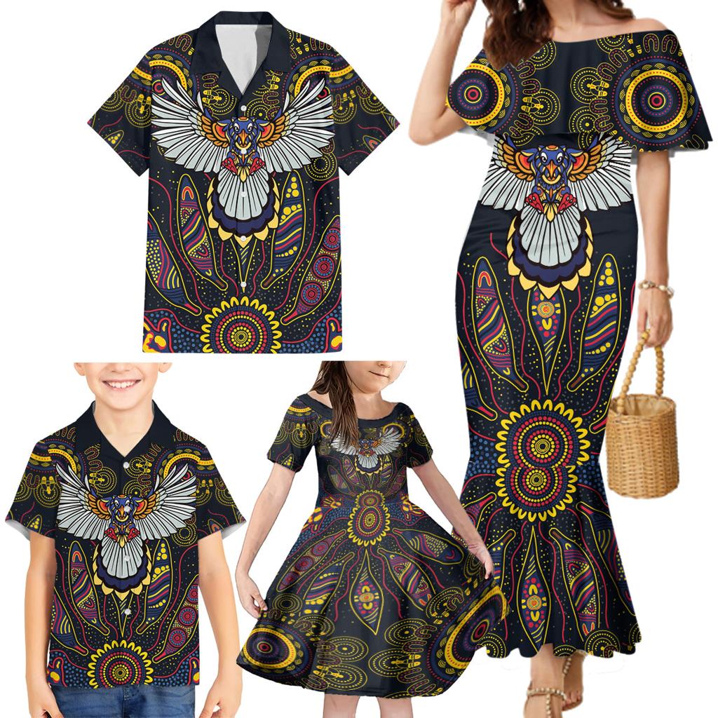 Custom Adelaide Football Family Matching Mermaid Dress and Hawaiian Shirt With Crow Aboriginal Art Style