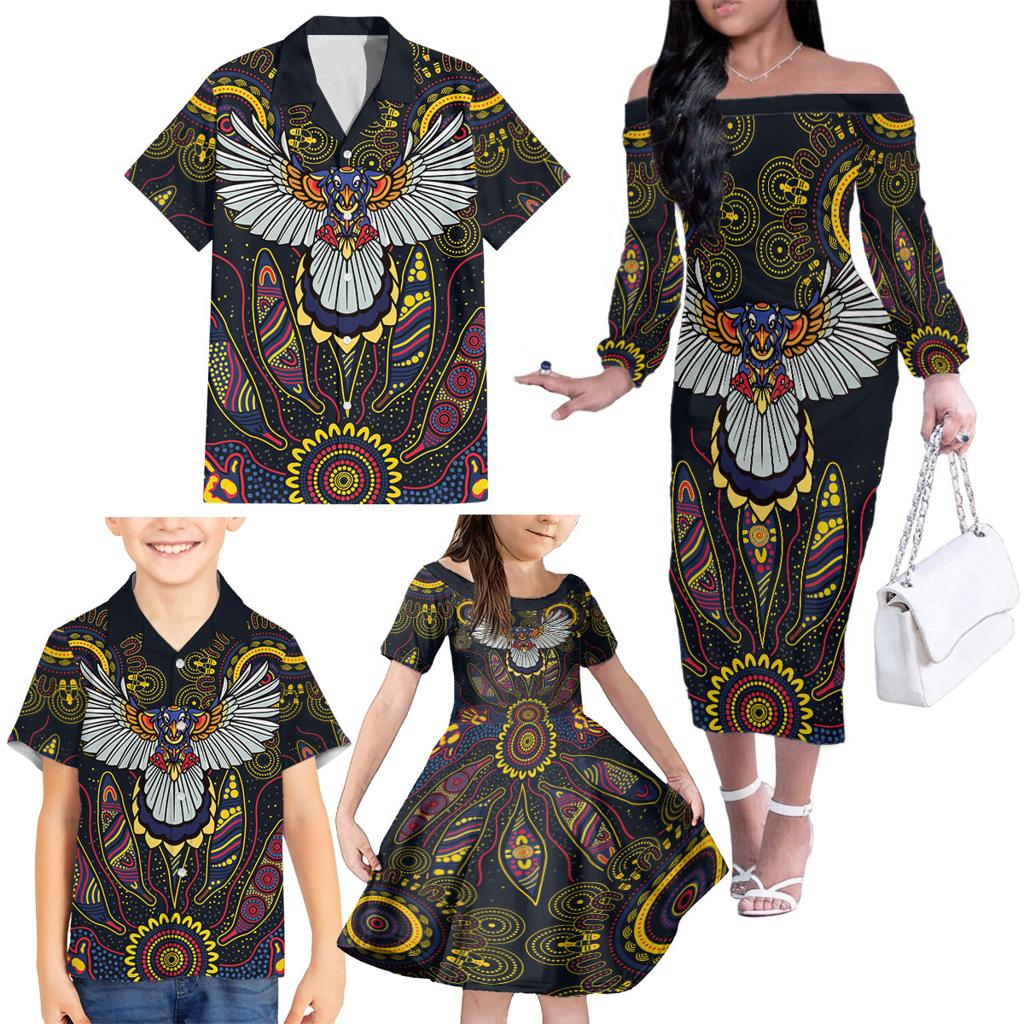 Custom Adelaide Football Family Matching Off The Shoulder Long Sleeve Dress and Hawaiian Shirt With Crow Aboriginal Art Style