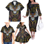 Custom Adelaide Football Family Matching Off The Shoulder Long Sleeve Dress and Hawaiian Shirt With Crow Aboriginal Art Style