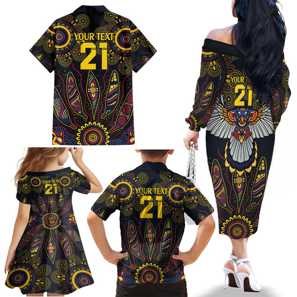 Custom Adelaide Football Family Matching Off The Shoulder Long Sleeve Dress and Hawaiian Shirt With Crow Aboriginal Art Style