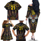 Custom Adelaide Football Family Matching Off The Shoulder Long Sleeve Dress and Hawaiian Shirt With Crow Aboriginal Art Style
