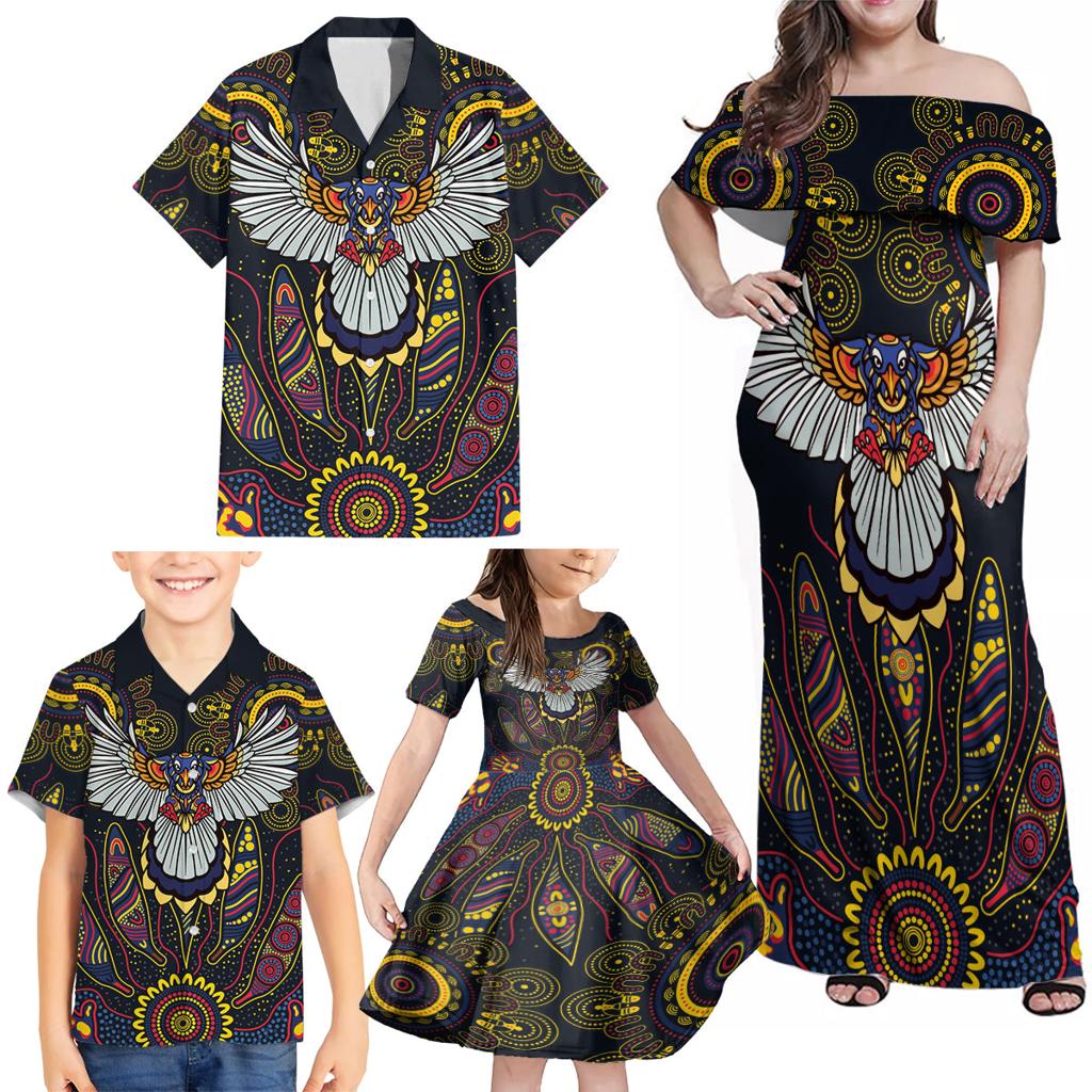 Custom Adelaide Football Family Matching Off Shoulder Maxi Dress and Hawaiian Shirt With Crow Aboriginal Art Style