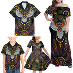 Custom Adelaide Football Family Matching Off Shoulder Maxi Dress and Hawaiian Shirt With Crow Aboriginal Art Style