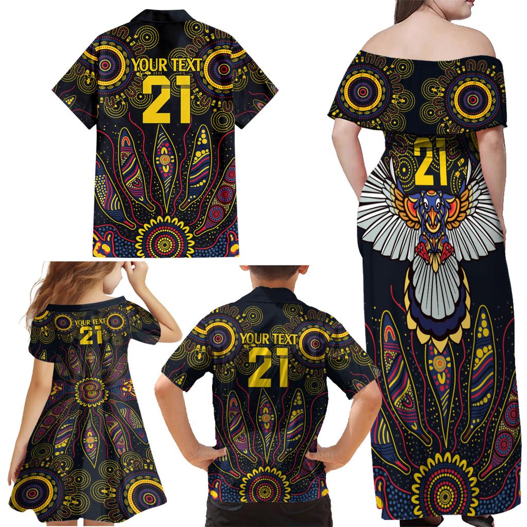 Custom Adelaide Football Family Matching Off Shoulder Maxi Dress and Hawaiian Shirt With Crow Aboriginal Art Style