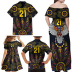 Custom Adelaide Football Family Matching Off Shoulder Maxi Dress and Hawaiian Shirt With Crow Aboriginal Art Style