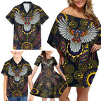Custom Adelaide Football Family Matching Off Shoulder Short Dress and Hawaiian Shirt With Crow Aboriginal Art Style
