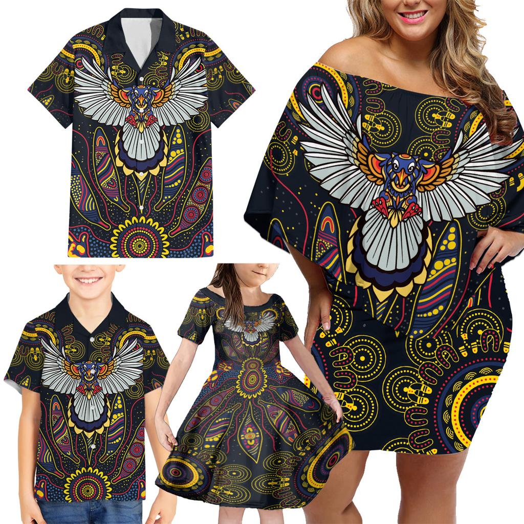 Custom Adelaide Football Family Matching Off Shoulder Short Dress and Hawaiian Shirt With Crow Aboriginal Art Style