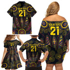 Custom Adelaide Football Family Matching Off Shoulder Short Dress and Hawaiian Shirt With Crow Aboriginal Art Style