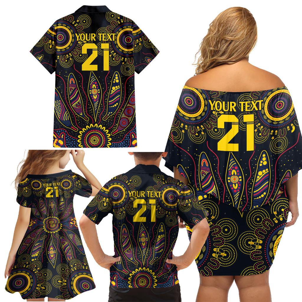 Custom Adelaide Football Family Matching Off Shoulder Short Dress and Hawaiian Shirt With Crow Aboriginal Art Style