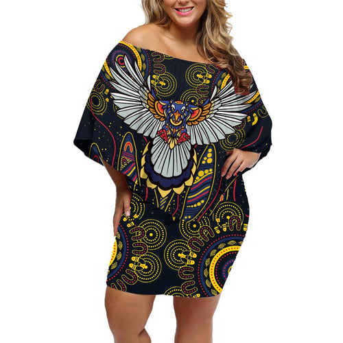 Custom Adelaide Football Family Matching Off Shoulder Short Dress and Hawaiian Shirt With Crow Aboriginal Art Style