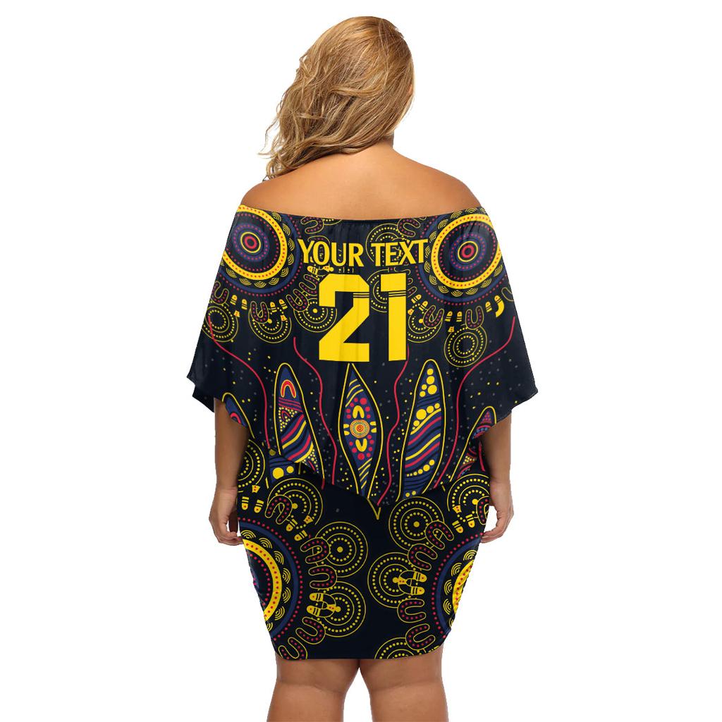 Custom Adelaide Football Family Matching Off Shoulder Short Dress and Hawaiian Shirt With Crow Aboriginal Art Style