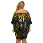 Custom Adelaide Football Family Matching Off Shoulder Short Dress and Hawaiian Shirt With Crow Aboriginal Art Style