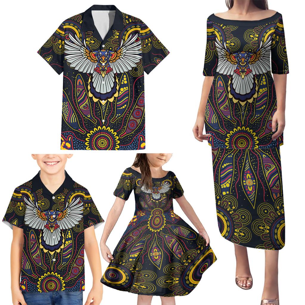 Custom Adelaide Football Family Matching Puletasi and Hawaiian Shirt With Crow Aboriginal Art Style