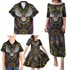 Custom Adelaide Football Family Matching Puletasi and Hawaiian Shirt With Crow Aboriginal Art Style
