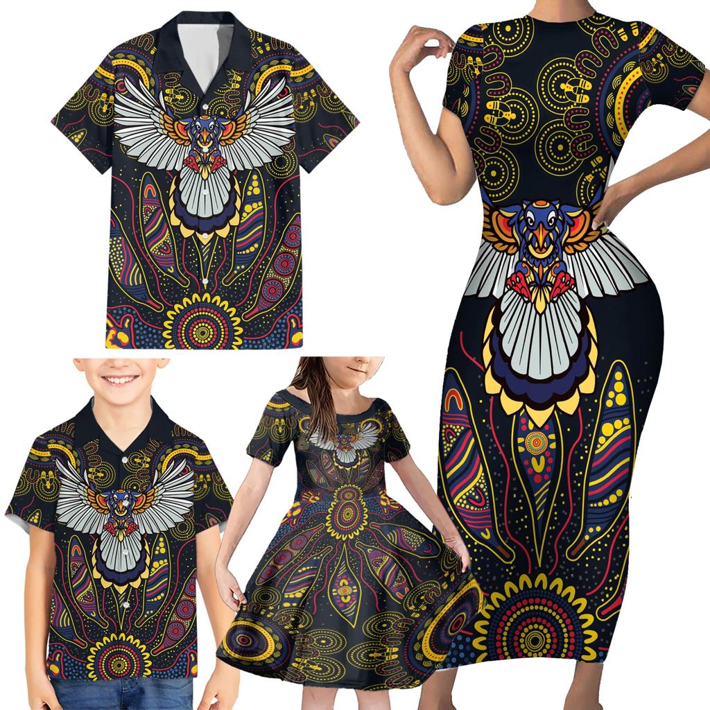 Custom Adelaide Football Family Matching Short Sleeve Bodycon Dress and Hawaiian Shirt With Crow Aboriginal Art Style