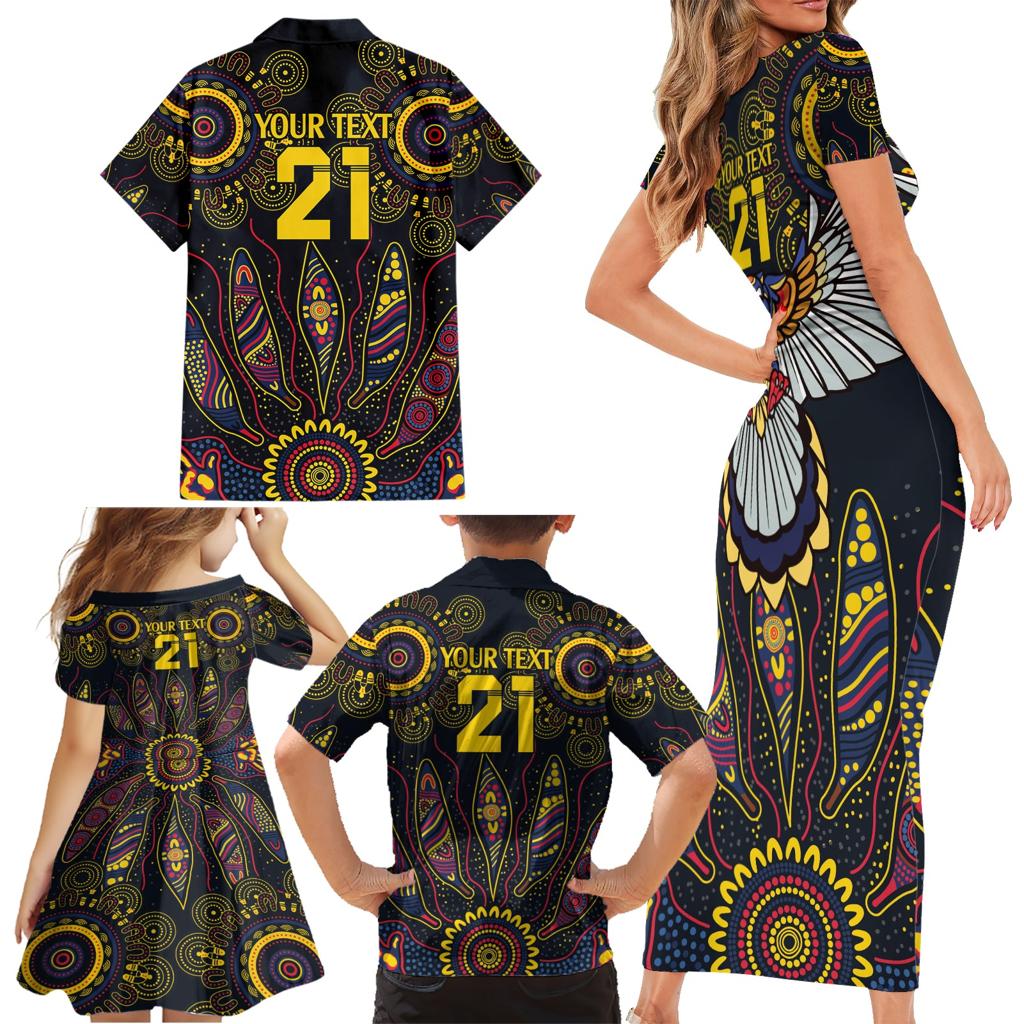 Custom Adelaide Football Family Matching Short Sleeve Bodycon Dress and Hawaiian Shirt With Crow Aboriginal Art Style
