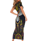 Custom Adelaide Football Family Matching Short Sleeve Bodycon Dress and Hawaiian Shirt With Crow Aboriginal Art Style