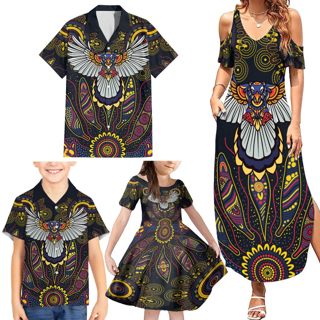 Custom Adelaide Football Family Matching Summer Maxi Dress and Hawaiian Shirt With Crow Aboriginal Art Style