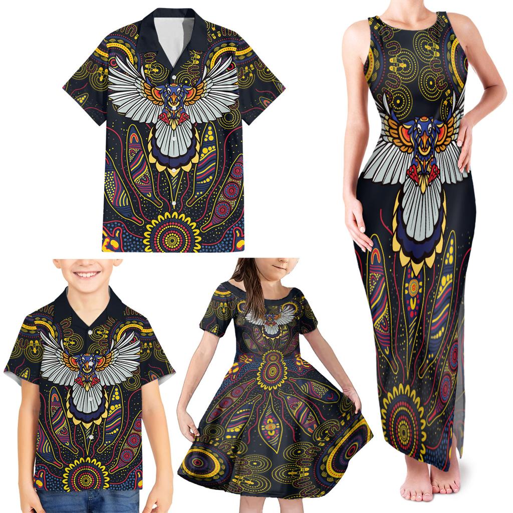Custom Adelaide Football Family Matching Tank Maxi Dress and Hawaiian Shirt With Crow Aboriginal Art Style