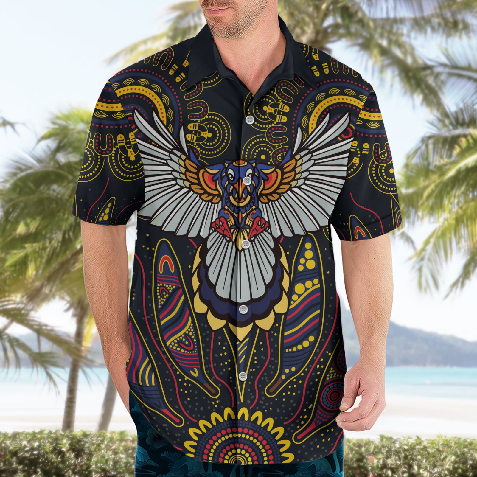Custom Adelaide Football Hawaiian Shirt With Crow Aboriginal Art Style