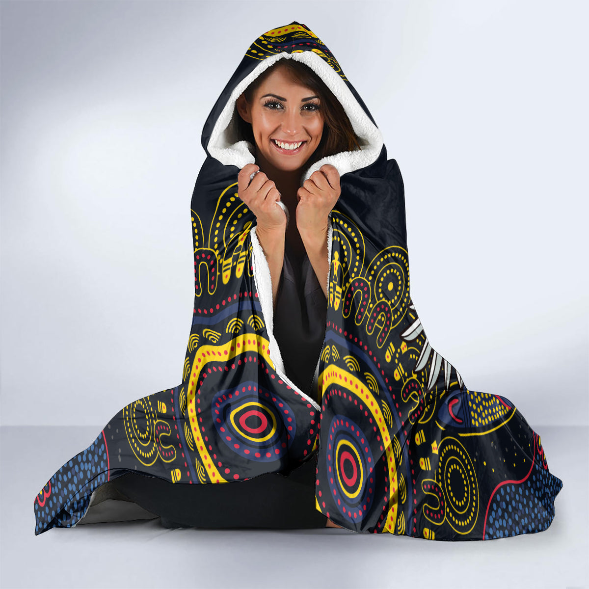 Custom Adelaide Football Hooded Blanket With Crow Aboriginal Art Style