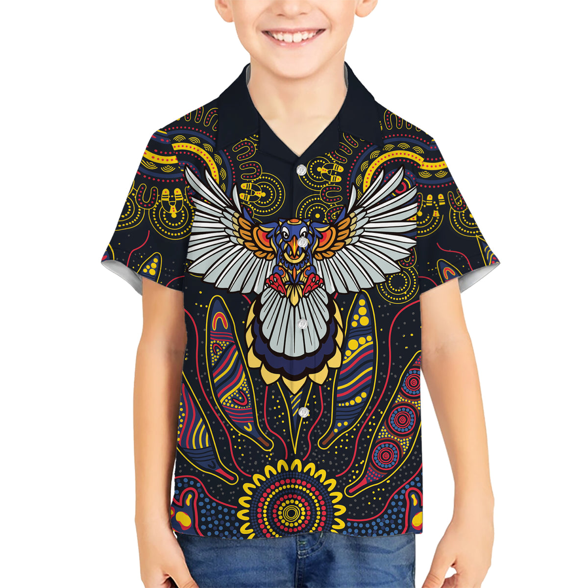 Custom Adelaide Football Kid Hawaiian Shirt With Crow Aboriginal Art Style
