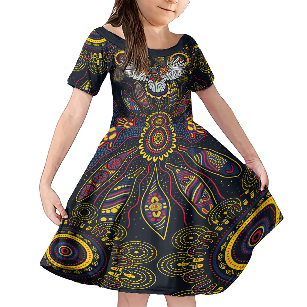 Custom Adelaide Football Kid Short Sleeve Dress With Crow Aboriginal Art Style