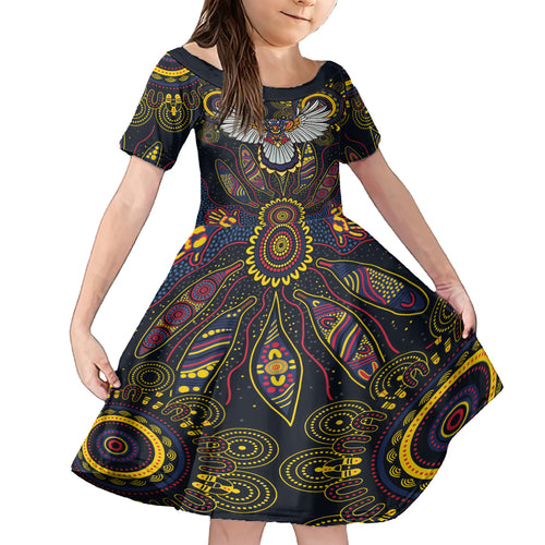 Custom Adelaide Football Kid Short Sleeve Dress With Crow Aboriginal Art Style