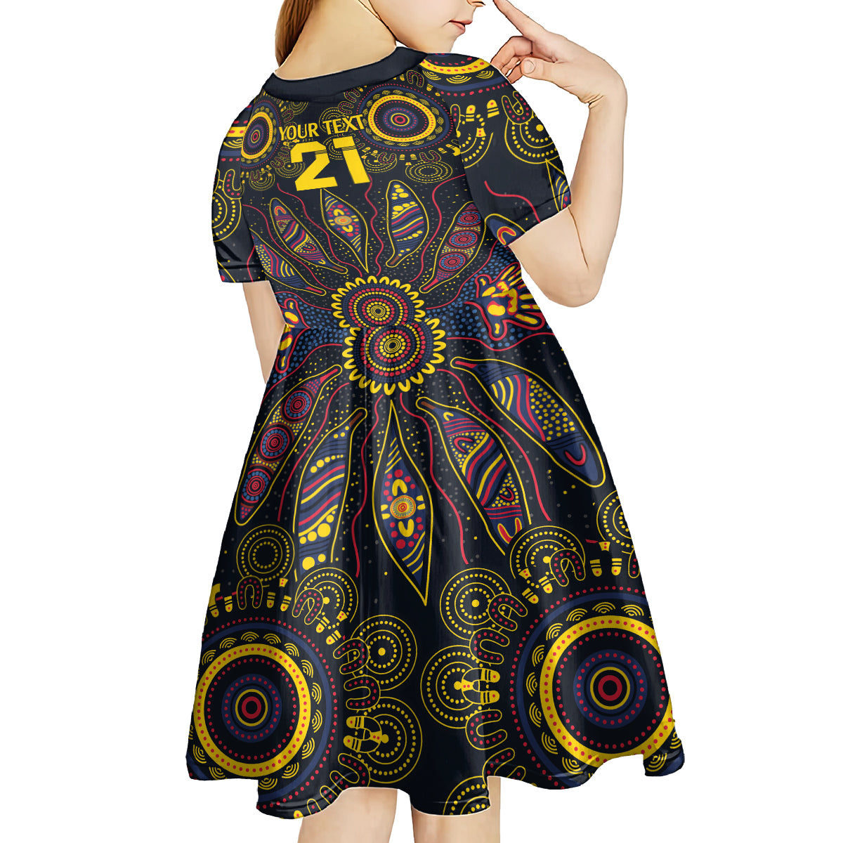 Custom Adelaide Football Kid Short Sleeve Dress With Crow Aboriginal Art Style