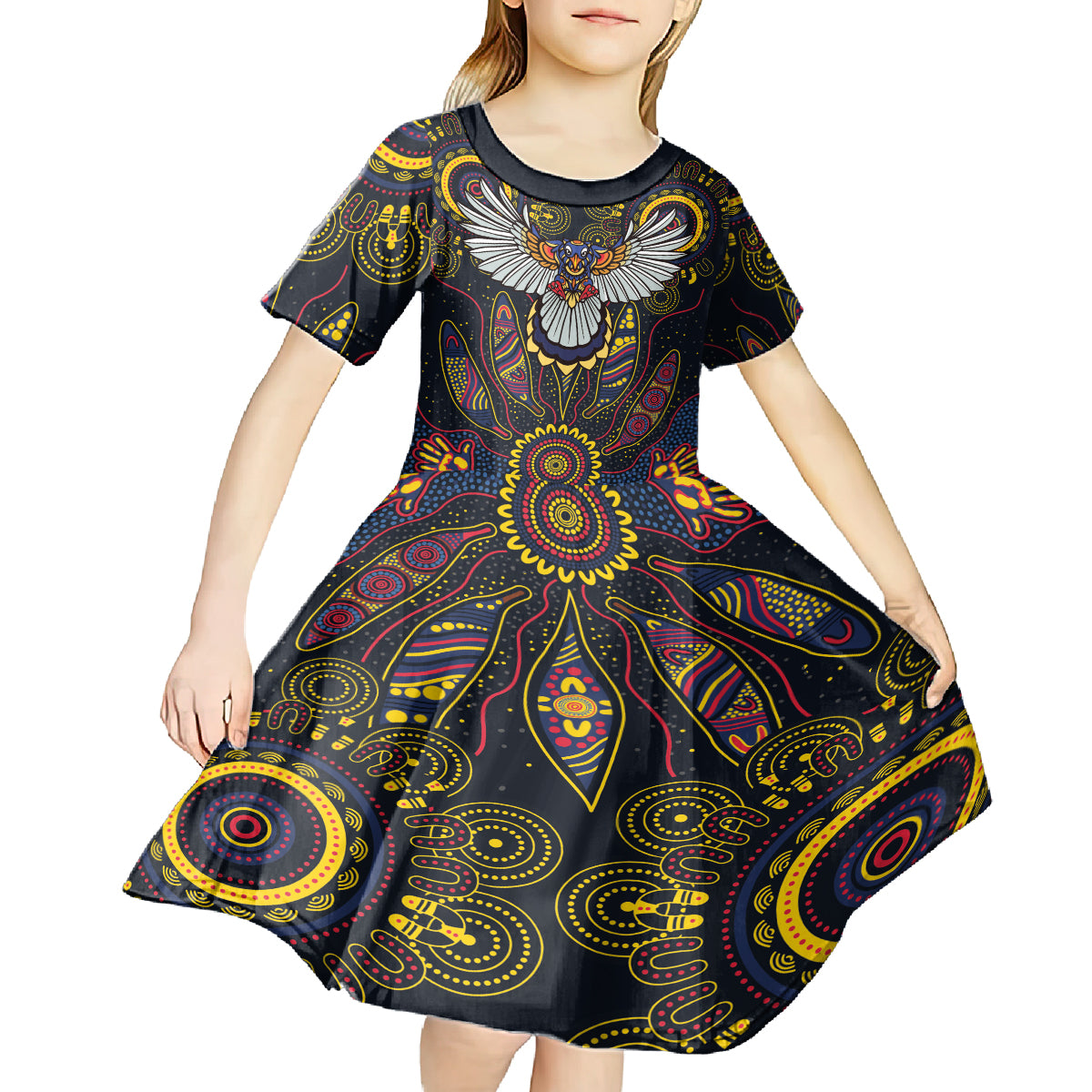 Custom Adelaide Football Kid Short Sleeve Dress With Crow Aboriginal Art Style