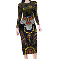 Custom Adelaide Football Long Sleeve Bodycon Dress With Crow Aboriginal Art Style